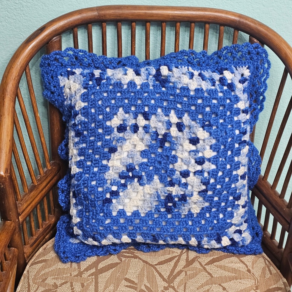 Handmade Crochet Granny Square Throw Pillow Blue White Variegated Ruffle Border